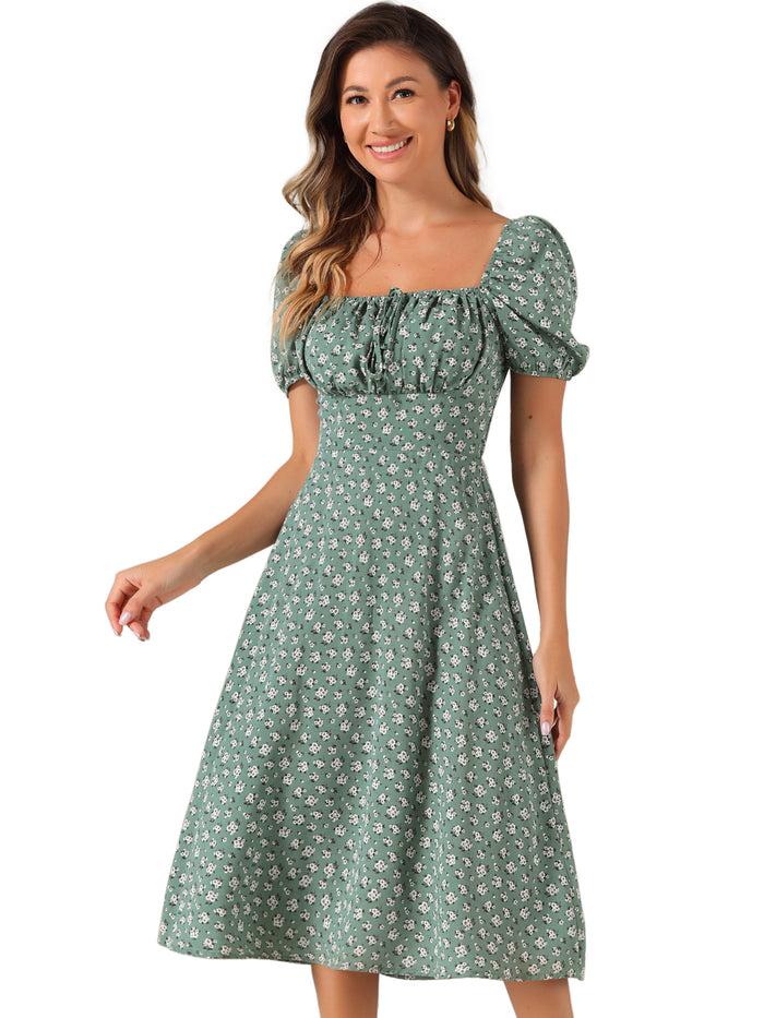 Allegra K Square Neck Smocked Shirred Puff Sleeves Floral Midi Dress