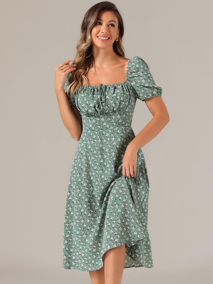allegra k Square Neck Smocked Shirred Puff Sleeves Floral Midi Dress