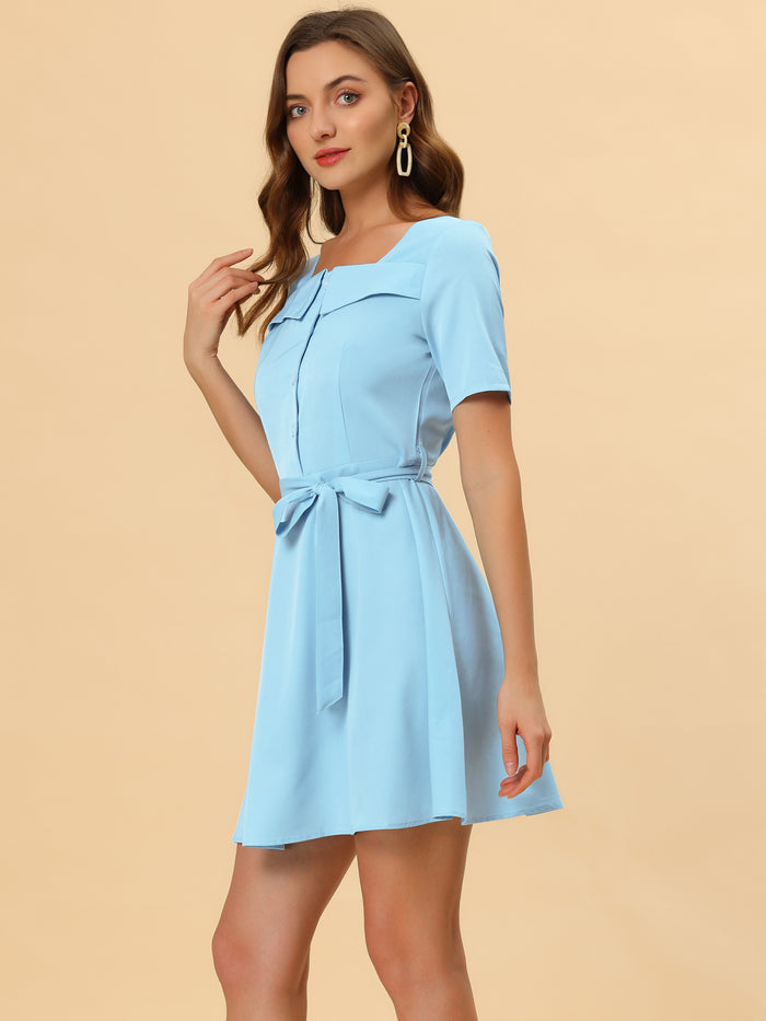 Allegra K Square Neck Tie Waist A-Line Button Down Shirt Dress