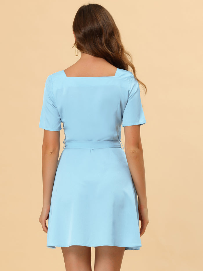 Allegra K Square Neck Tie Waist A-Line Button Down Shirt Dress