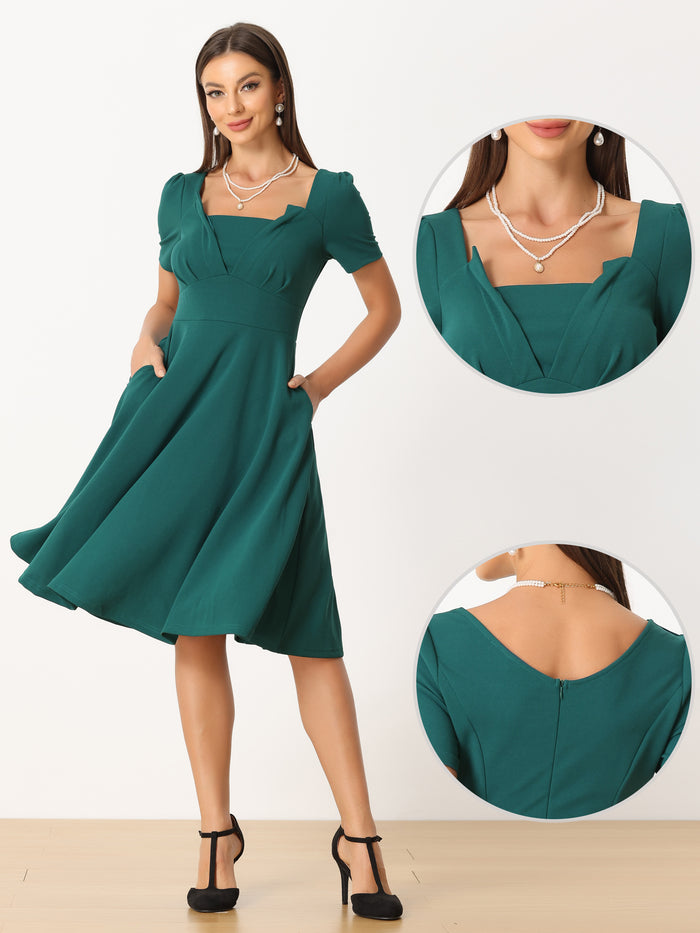 Allegra K Square Neck Vintage Short Sleeve High Waist Elegant Dress