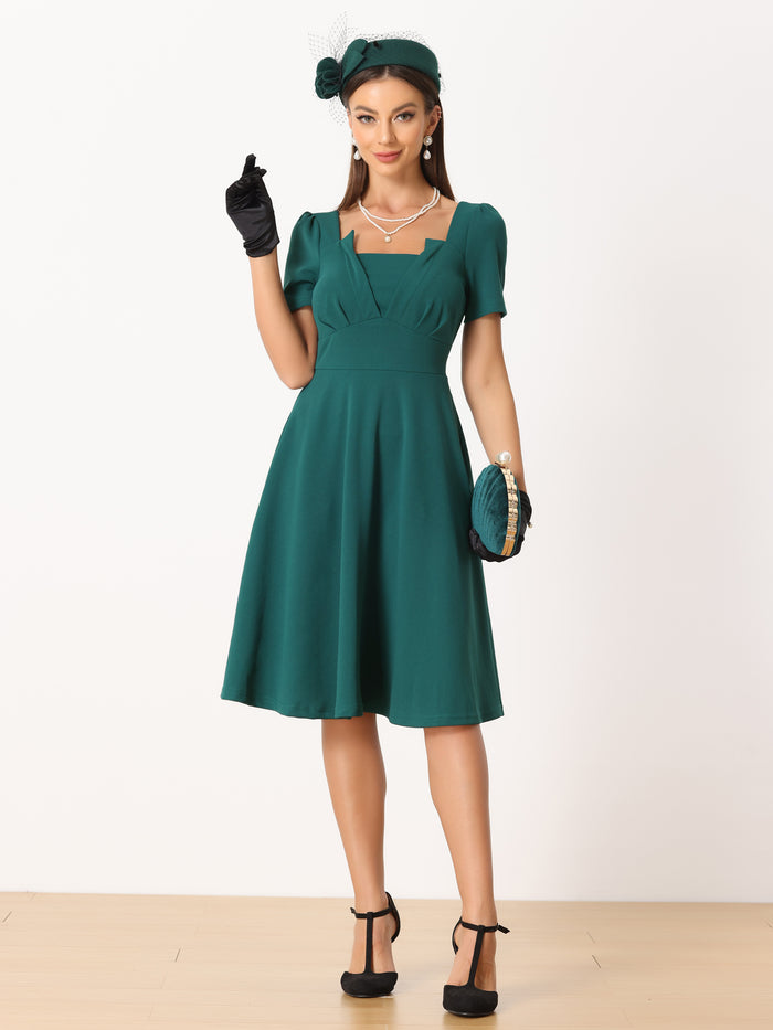 allegra k Square Neck Vintage Short Sleeve High Waist Elegant Dress