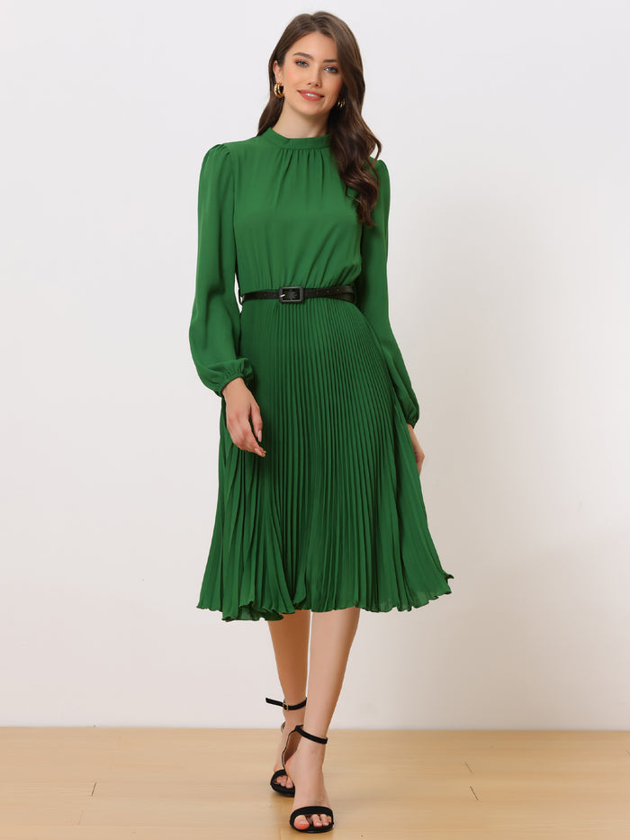 Allegra K Stand Collar Long Sleeve Belted Pleated Midi Dress
