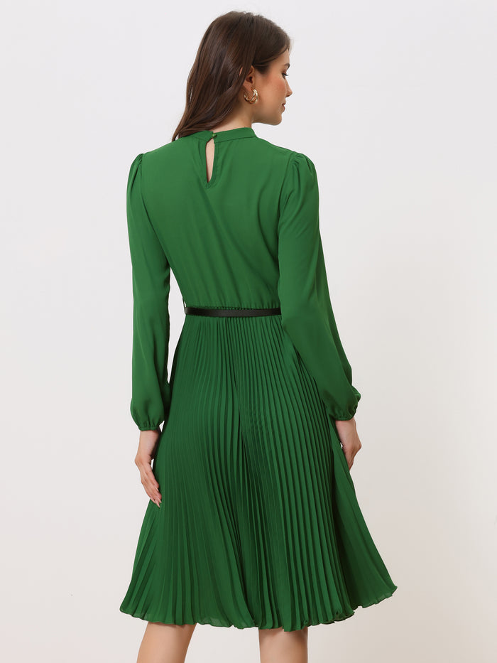Allegra K Stand Collar Long Sleeve Belted Pleated Midi Dress