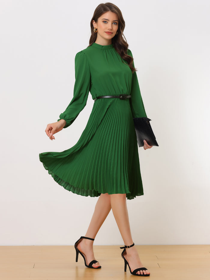allegra k Stand Collar Long Sleeve Belted Pleated Midi Dress