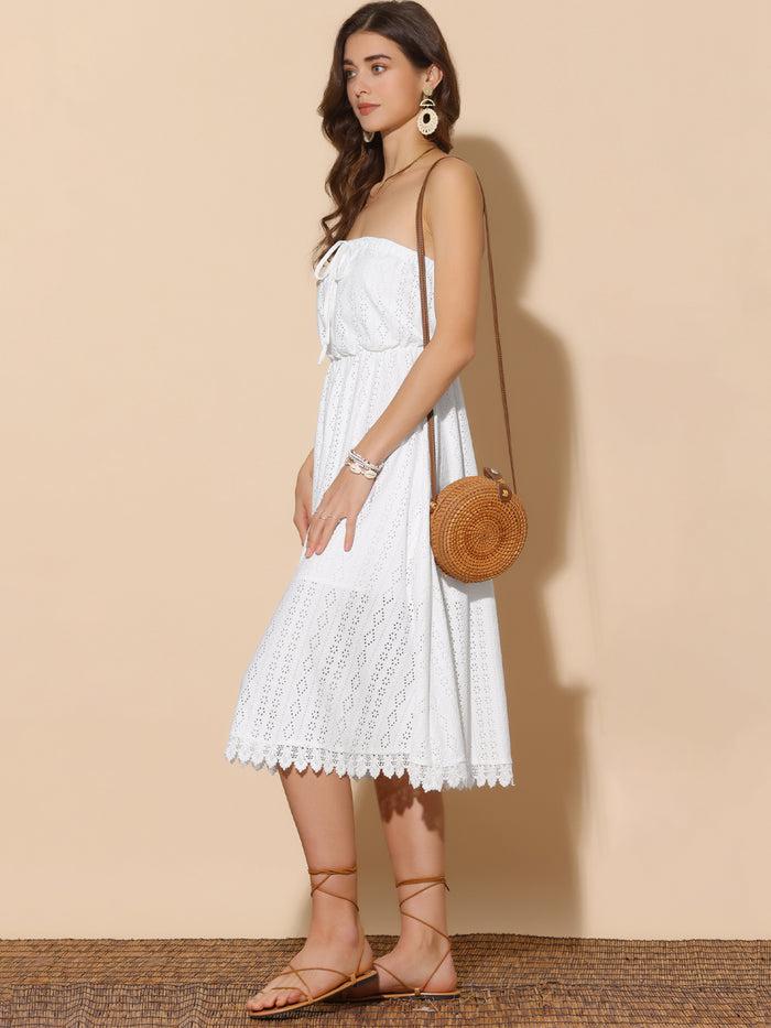 Allegra K Strapless Eyelet Lace-Up Midi A-Line Dress