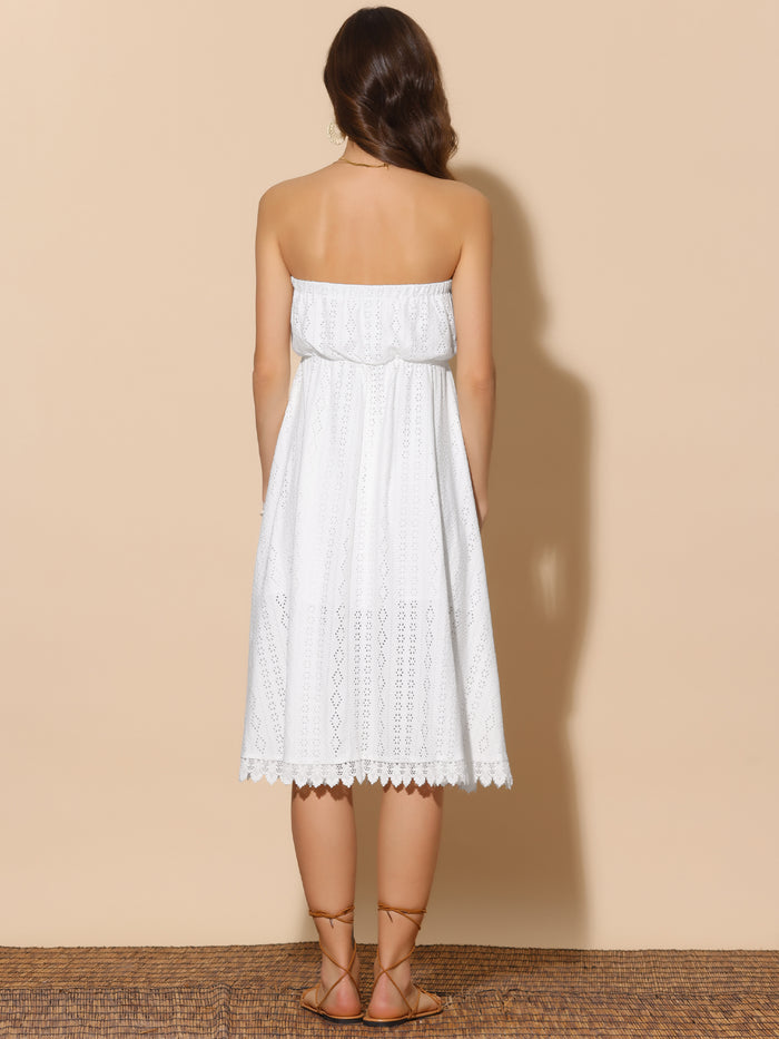 Allegra K Strapless Eyelet Lace-Up Midi A-Line Dress