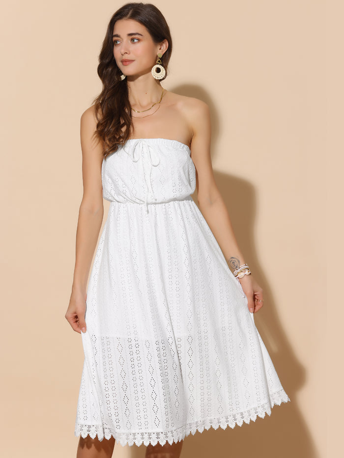 allegra k Strapless Eyelet Lace-Up Midi A-Line Dress