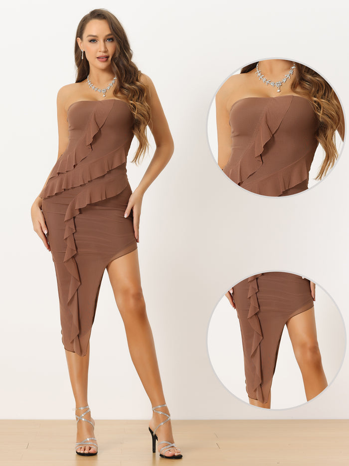Allegra K Strapless Midi Ruffle Irregular Hem Cocktail Party Dress