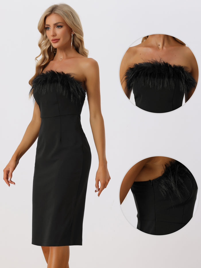 Allegra K Strapless Sleeveless Furry Solid Color Bodycon Midi Dress