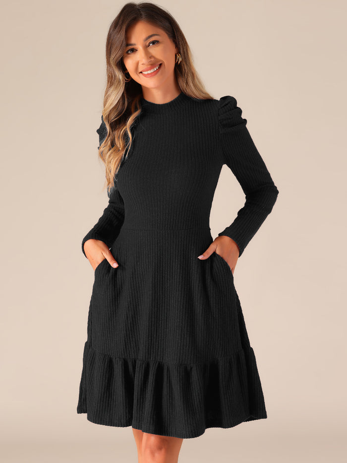 allegra k Stretchy Puff Long Sleeve Ruffle Hem Knit Midi Sweater Dress