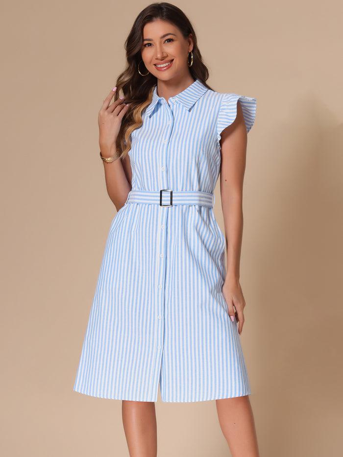 Allegra K Striped Collar Ruffled Sleeve Belted Midi Shirt Dress