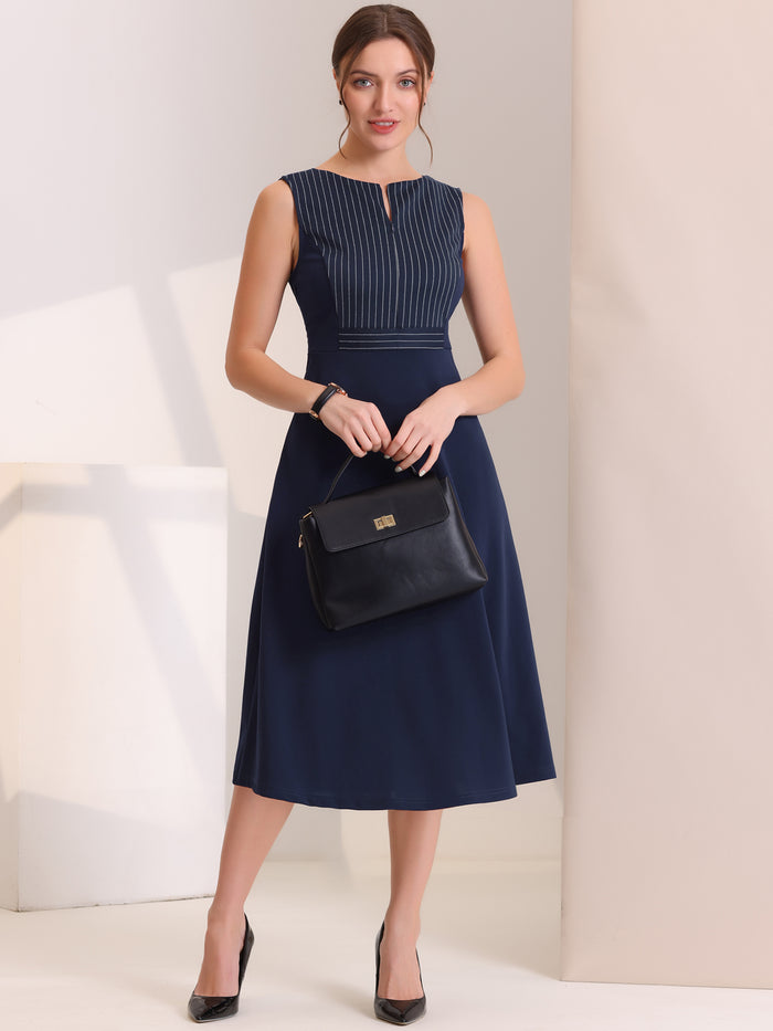 Allegra K Striped Crew Neck Sleeveless A-Line Midi Work Office Dress