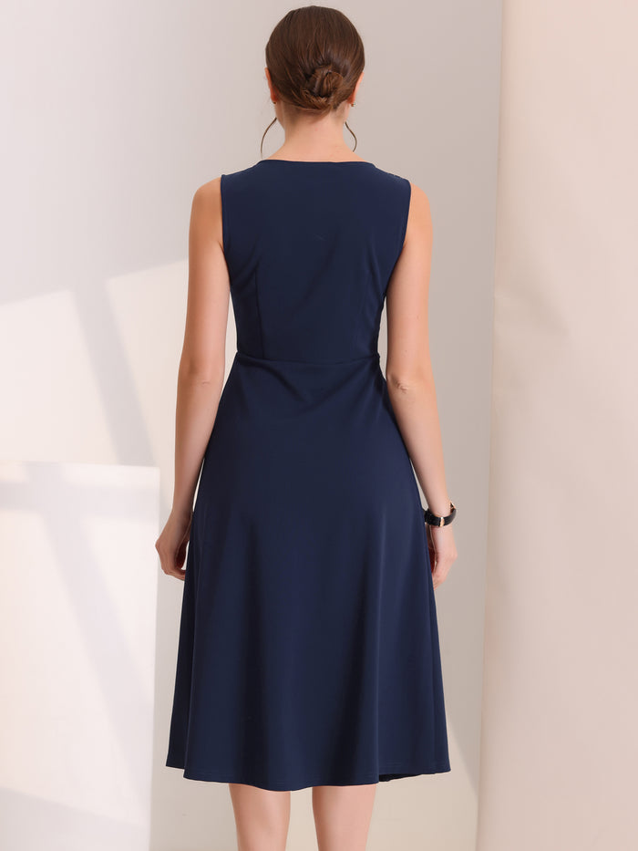 Allegra K Striped Crew Neck Sleeveless A-Line Midi Work Office Dress