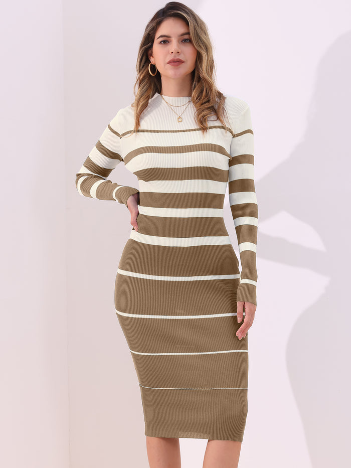 allegra k Striped Long Sleeve Bodycon Knit Midi Sweater Dress