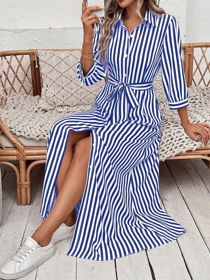 Allegra K Striped Print Button Down Maxi Shirt Dress