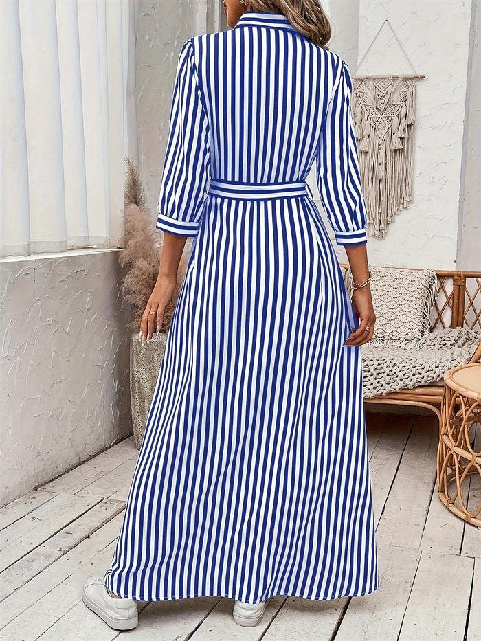 Allegra K Striped Print Button Down Maxi Shirt Dress