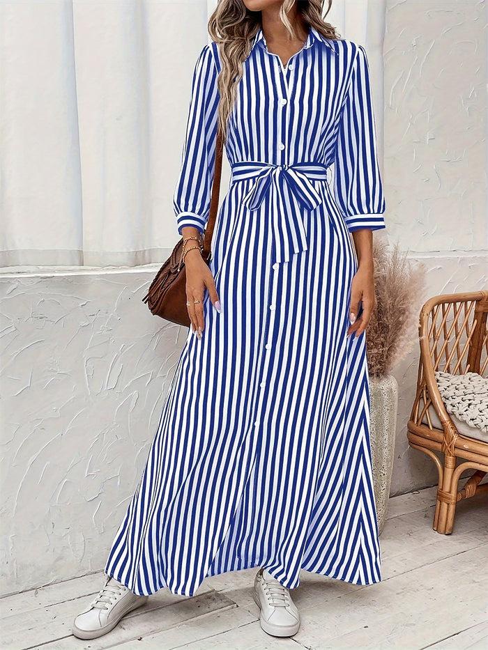Allegra K Striped Print Button Down Maxi Shirt Dress
