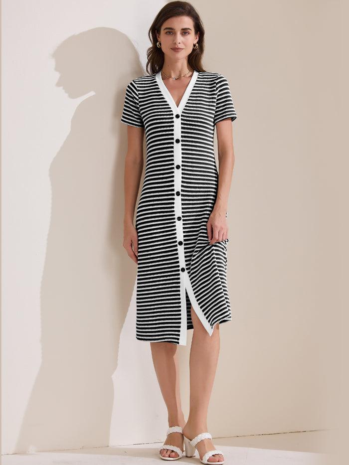 Allegra K Striped Ribbed Knit Short Sleeve V Neck Midi Dress