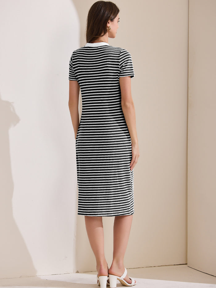 Allegra K Striped Ribbed Knit Short Sleeve V Neck Midi Dress