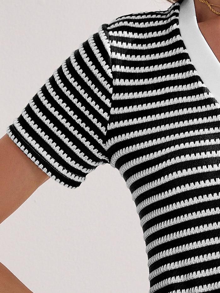 Allegra K Striped Ribbed Knit Short Sleeve V Neck Midi Dress