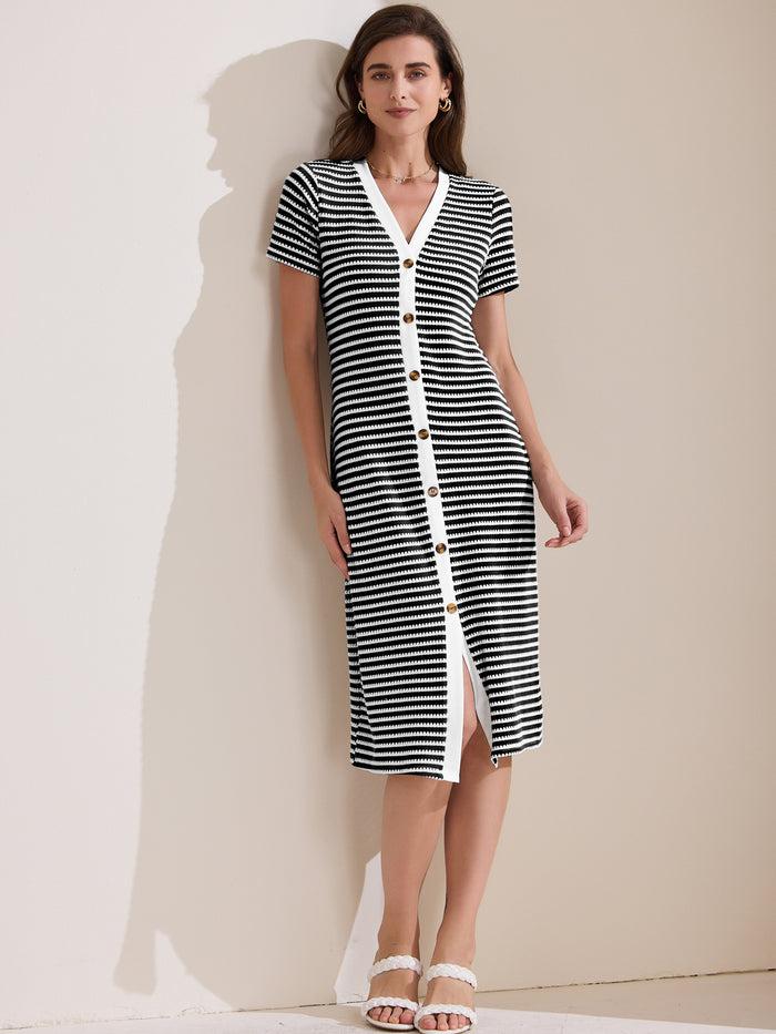 allegra k Striped Ribbed Knit Short Sleeve V Neck Midi Dress