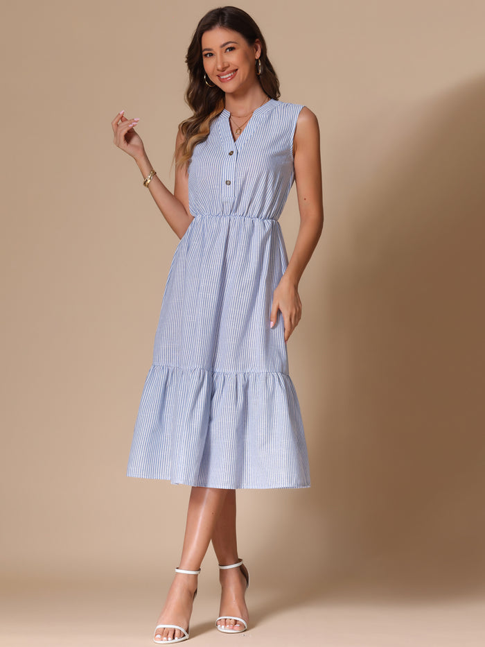 Allegra K Striped Sleeveless Ruffle Midi A-Line Shirt Dress