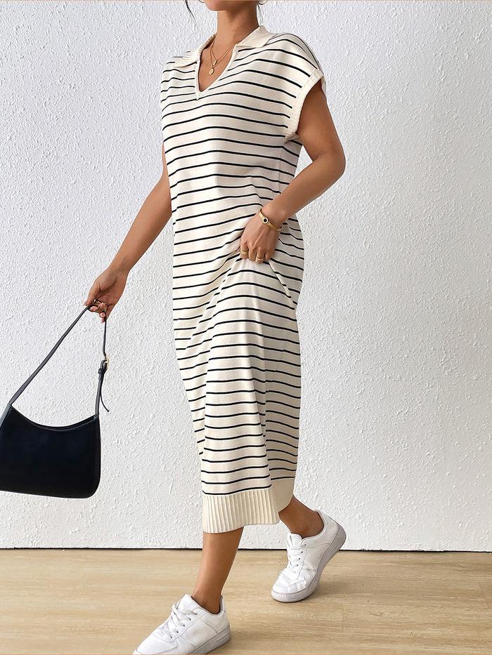 Allegra K Striped V Neck Short Sleeves Loose Fit Casual Dress