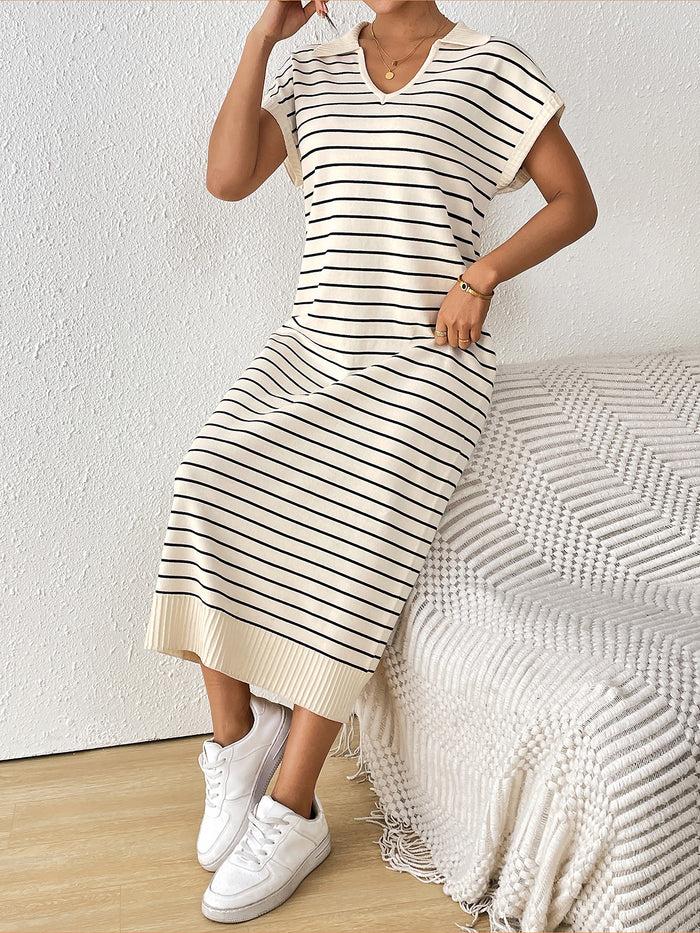 Allegra K Striped V Neck Short Sleeves Loose Fit Casual Dress