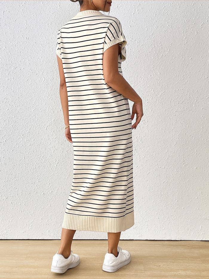 Allegra K Striped V Neck Short Sleeves Loose Fit Casual Dress