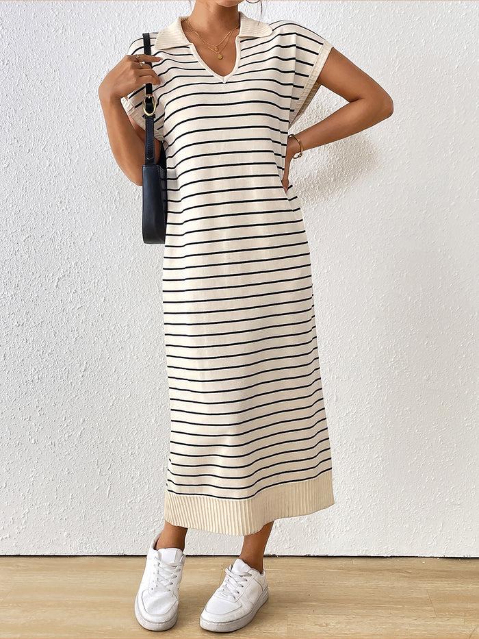 allegra k Striped V Neck Short Sleeves Loose Fit Casual Dress