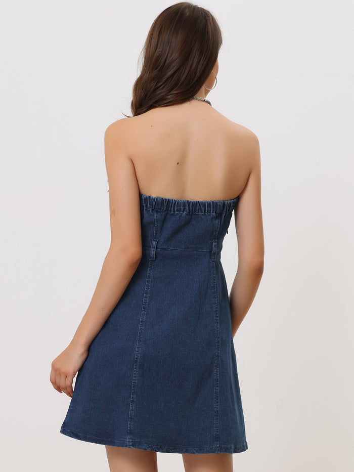 Allegra K Stylish Stapless Sleeveless Tube Denim Mini Dress