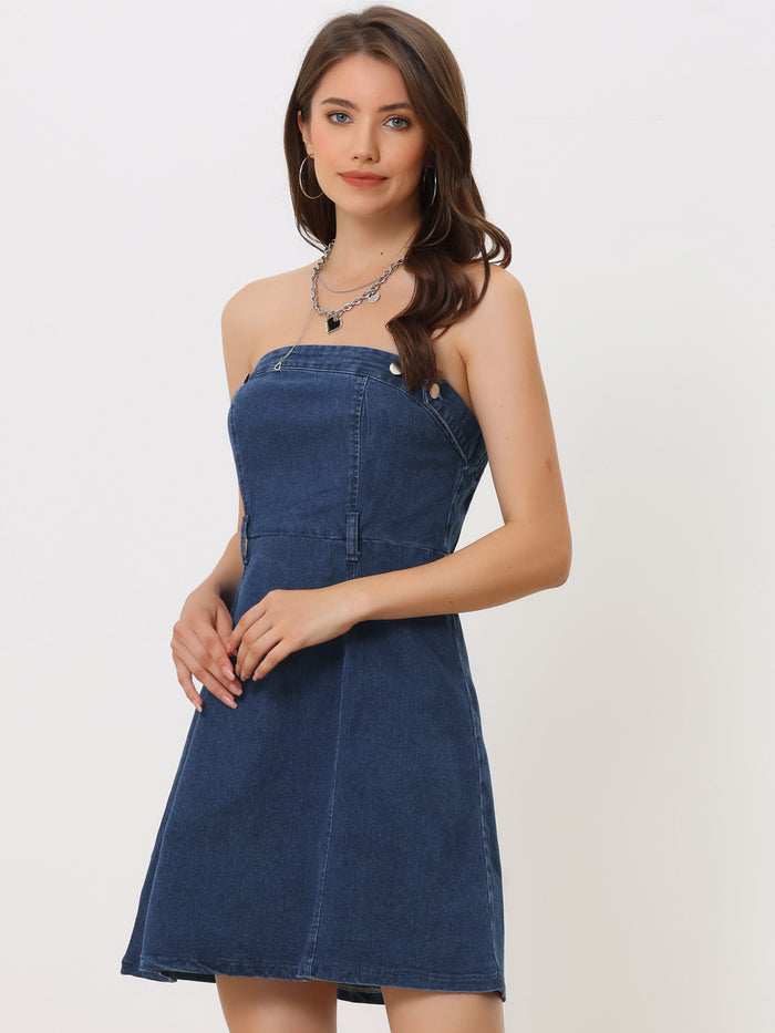 allegra k Stylish Stapless Sleeveless Tube Denim Mini Dress