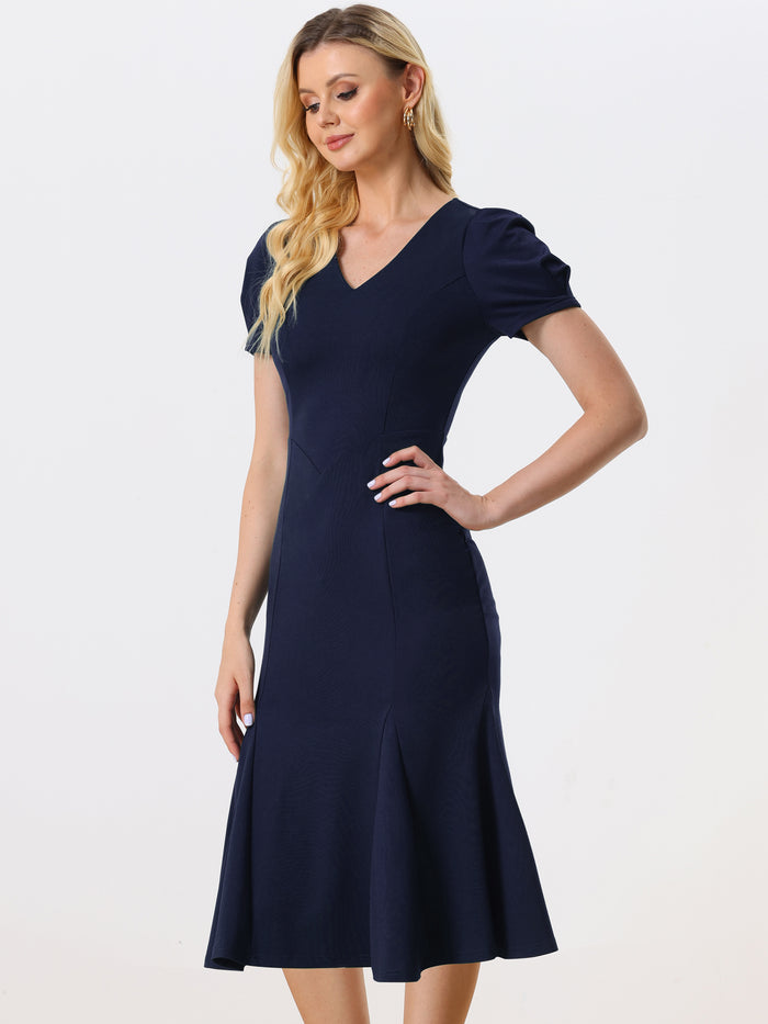 allegra k Stylish V-Neck Puff Sleeve Elegant Mermaid Maxi Dress