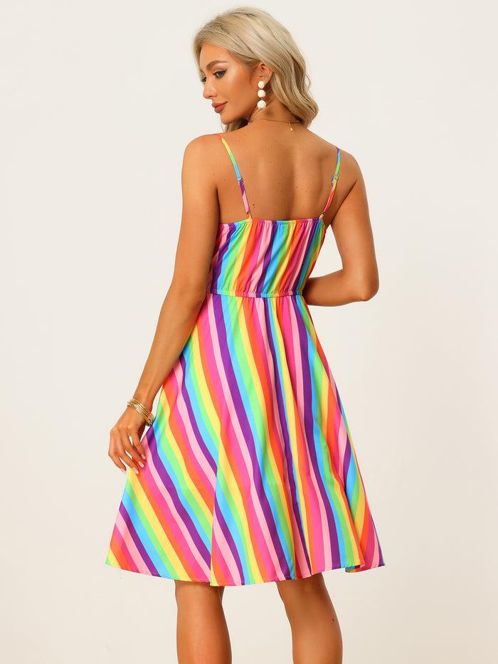 Allegra K Summer Casual Beach V Neck Tie Front Rainbow Spaghetti Strap Dress