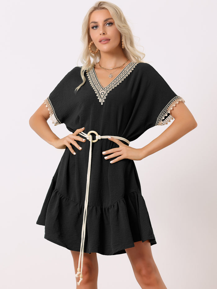 Allegra K Summer Casual V-Neck Lace Short Sleeve Belted Mini Dress