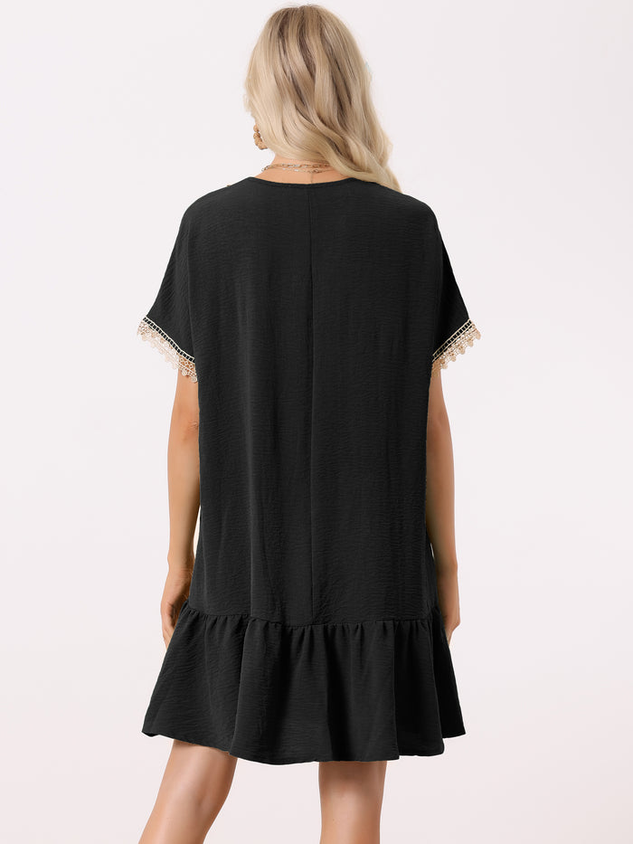 Allegra K Summer Casual V-Neck Lace Short Sleeve Belted Mini Dress