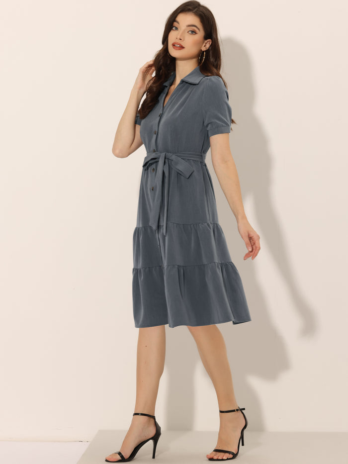 allegra k Summer Chambray Short Sleeve Button Tie Waist V Neck Shirt Dress