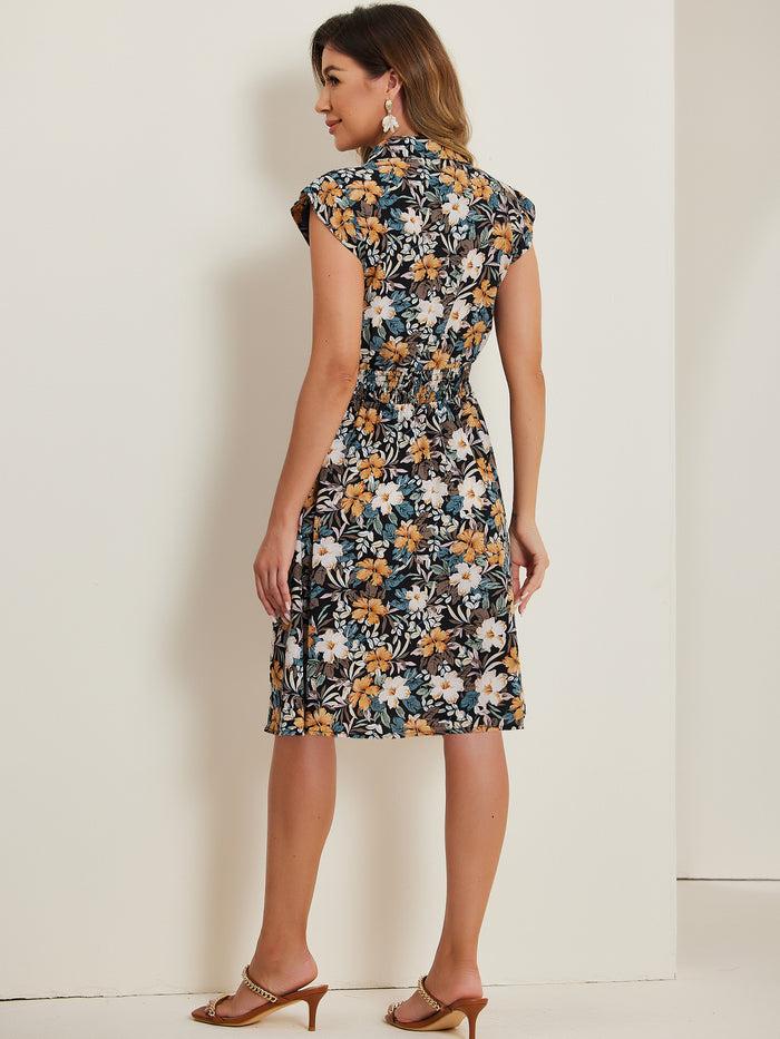 Allegra K Summer Chiffon Floral Cap Sleeve Drawstring Waist Shirt Dress
