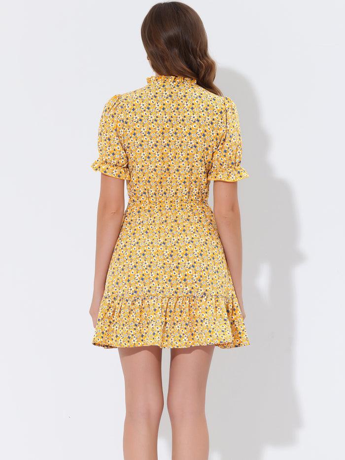 Allegra K Summer Chiffon Tie Neck Puff Short Sleeve Floral Ruffle Smock Dress