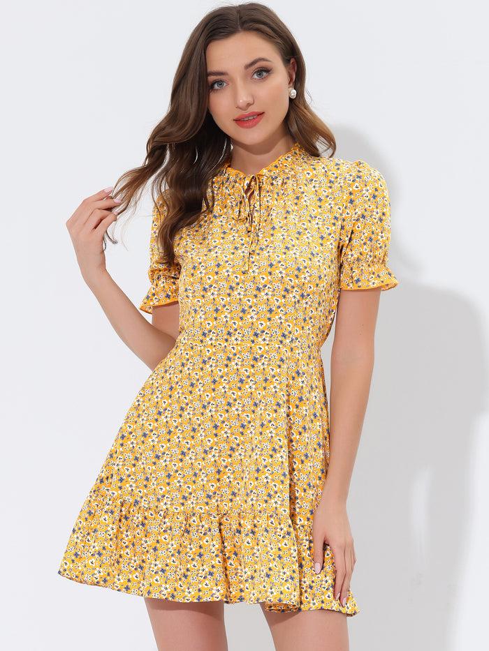 allegra k Summer Chiffon Tie Neck Puff Short Sleeve Floral Ruffle Smock Dress