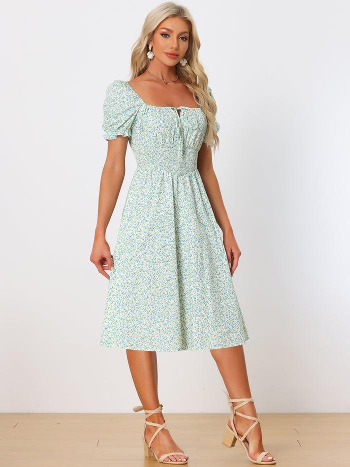 Allegra K Summer Floral Puff Sleeve Square Neck Midi Smocked Dress