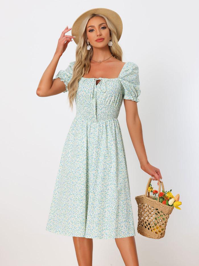 allegra k Summer Floral Puff Sleeve Square Neck Midi Smocked Dress