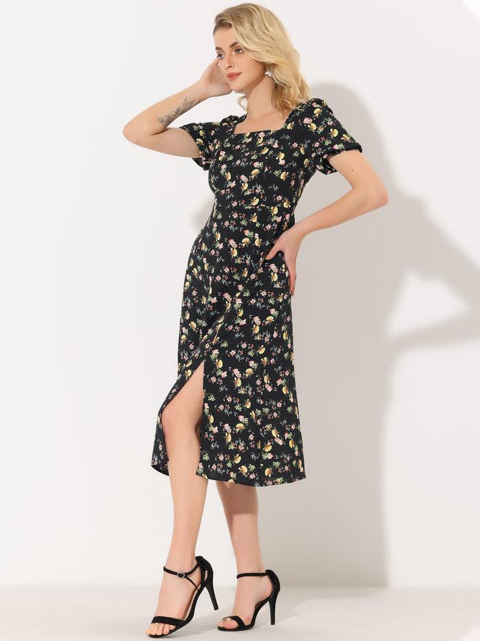 Allegra K Summer Floral Square Neck Puff Short Sleeve Split Midi Dress