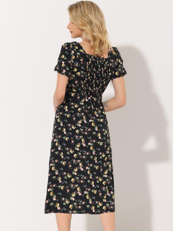 Allegra K Summer Floral Square Neck Puff Short Sleeve Split Midi Dress