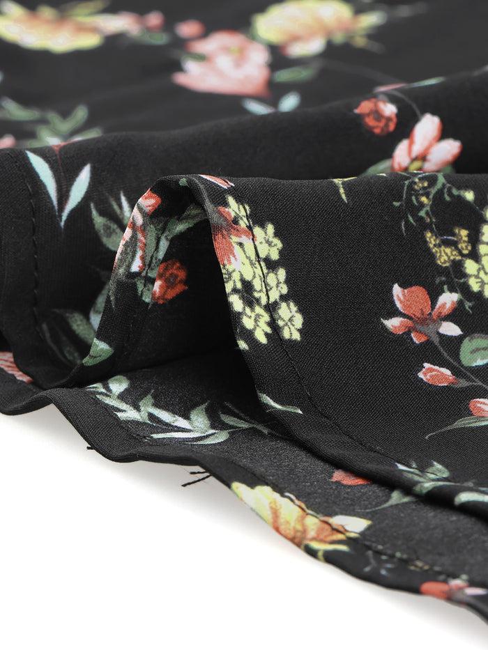 Allegra K Summer Floral Square Neck Puff Short Sleeve Split Midi Dress