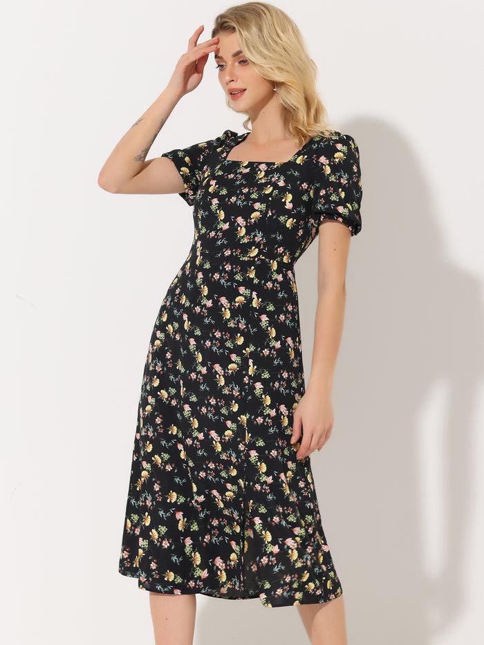 allegra k Summer Floral Square Neck Puff Short Sleeve Split Midi Dress