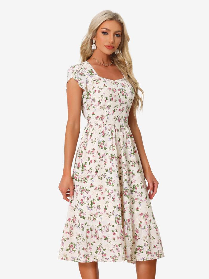 Allegra K Summer Petal Sleeve Boho Floral Print Midi Dress