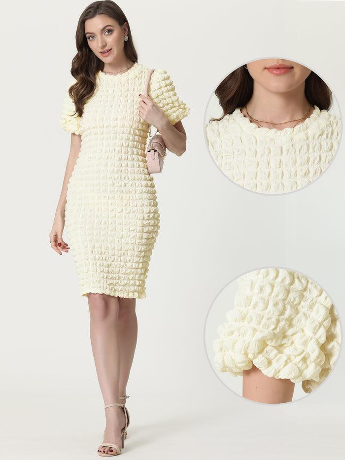 Allegra K Summer Puff Sleeve Cute Elegant Party Midi Popcorn Dress