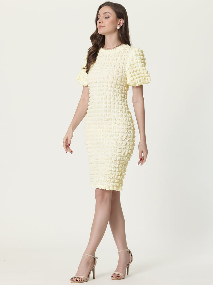 allegra k Summer Puff Sleeve Cute Elegant Party Midi Popcorn Dress